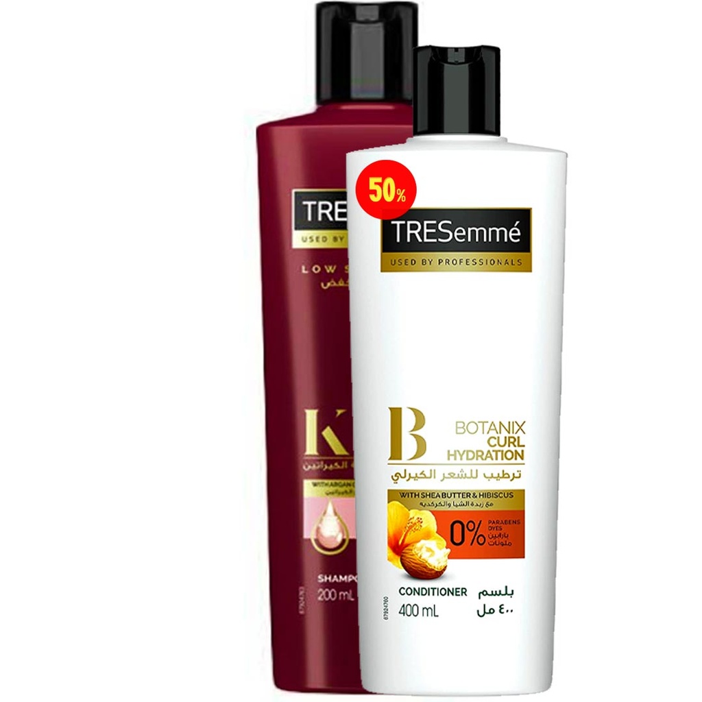 تريسمى شامبو ارجان و بروتين الكيراتين + بلسم زبدة شيا و الكركديه خصم 50% - TRESemme Shampoo Argan Oil &amp; Protein Keratin + Conditioner Shea Butter &amp; Hibiscus Offer 50%