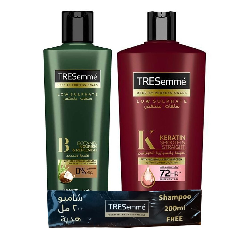 تريسمى شامبو ارجان و بروتين الكيراتين + شامبو جوز هند و صبار - TRESemme Shampoo Argan Oil & Protein Keratin + Shampoo Coconut & Aloe Vera (600ml+200ml)