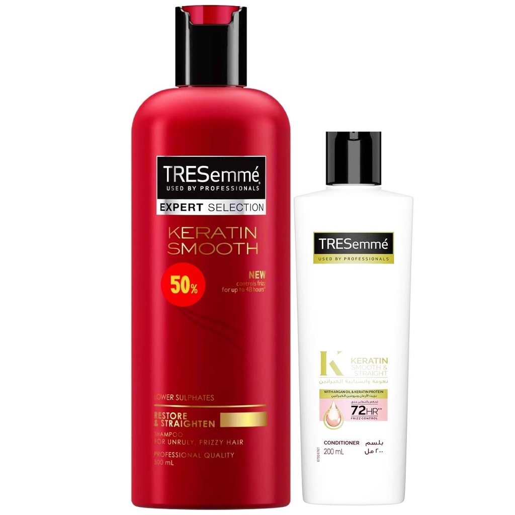 تريسمى شامبو نعومة الكيراتين + بلسم ارجان و بروتين الكيراتين خصم 50% - TRESemme Shampoo Smooth Keratin + Conditioner Argan Oil & Keratin Protein Offer 50% (500ml+200ml)