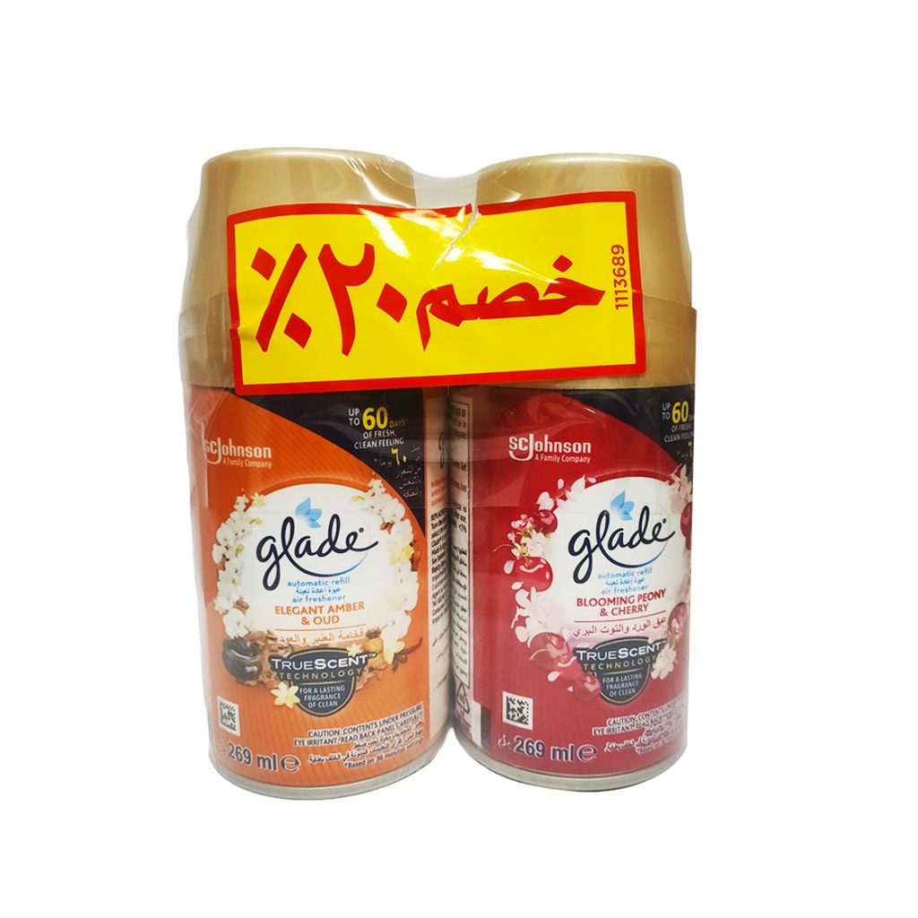 جليد ملطف جو غيار عبق الورد و عود خصم 20% - Glade Air Freshener Spare Blooming Peony & Oud Offer 20% (269ml+269ml)